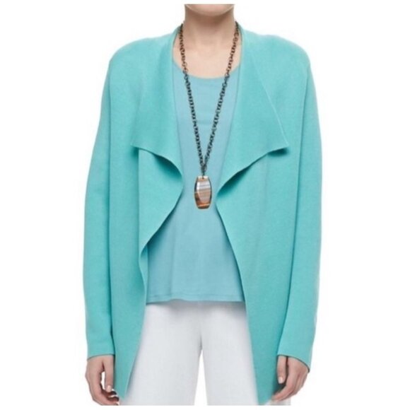 Eileen Fisher Womens Small Petite Open Front Cardigan Aqua Blue Sweater - Picture 1 of 9